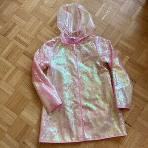 Disney Store Princess Girls Pink Iridescent Sequin Raincoat Hooded Jacket 9/10